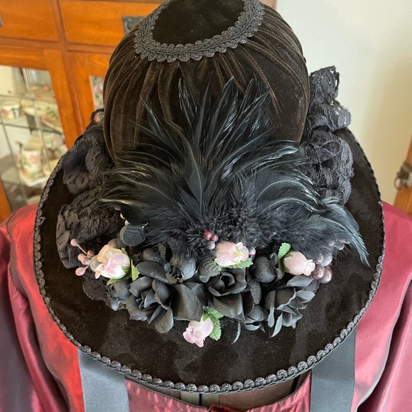 Accessories - Victorian Style Black Velvet Plumed Feather Trimmed Bonnet Hat